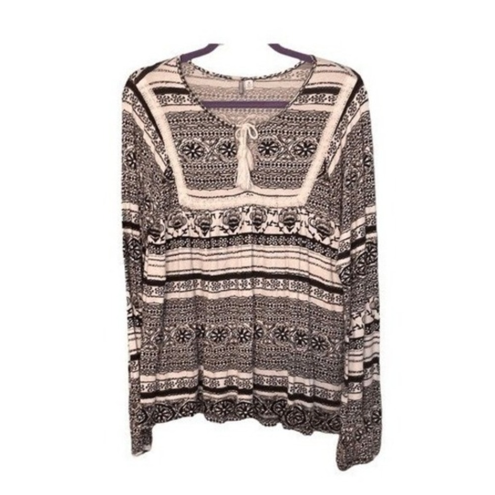 Rip Curl Floral & Striped Peasant Top Black White Print M